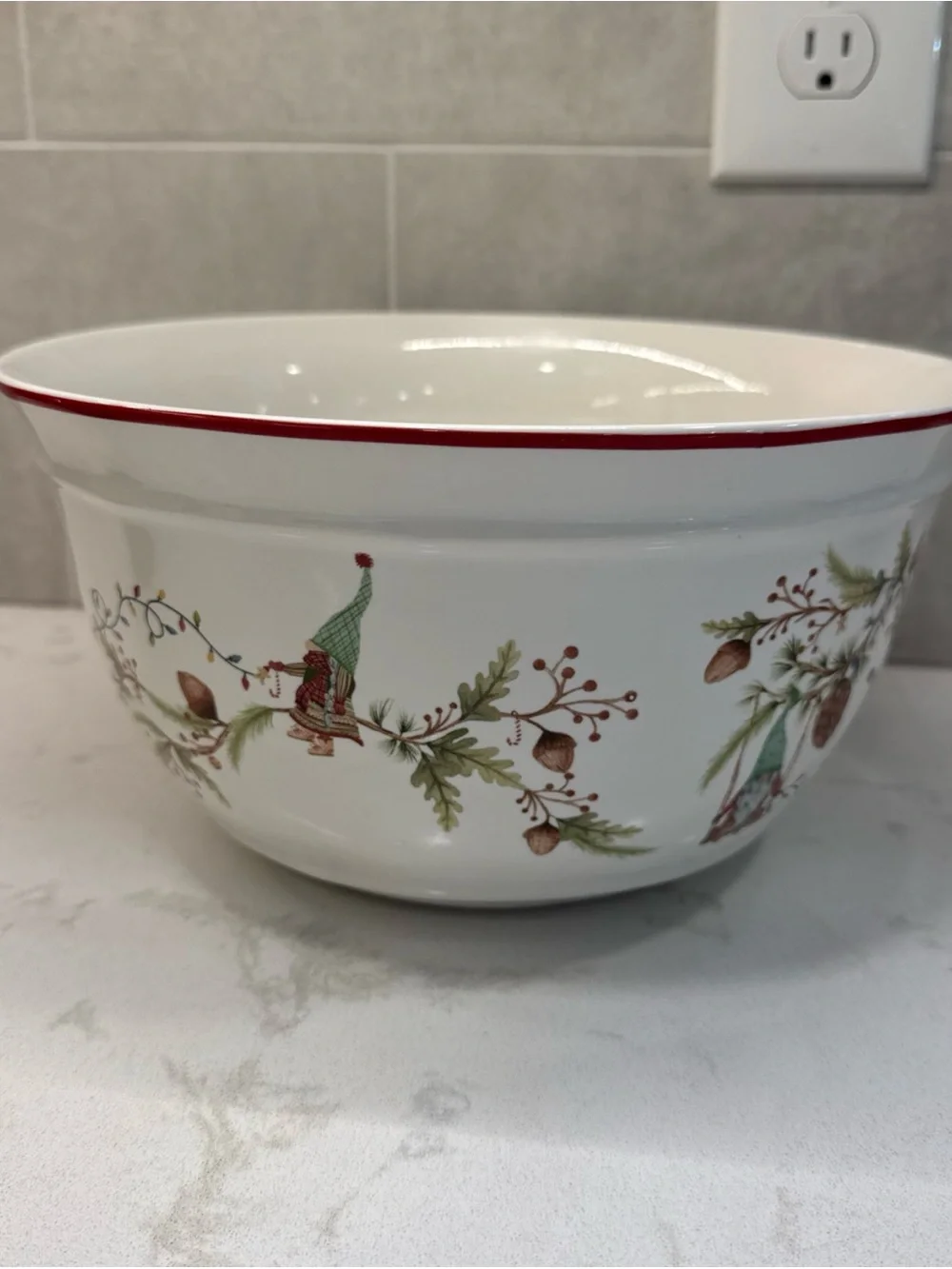 Pottery barn Festive Holiday Forest Gnome large Mixing Bowl with Red Rim